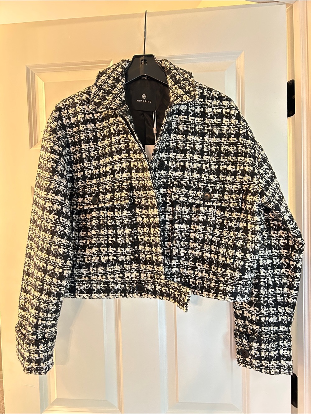 Anine Bing Adriana Black & White Tweed Cropped Blazer - Picture 2 of 5